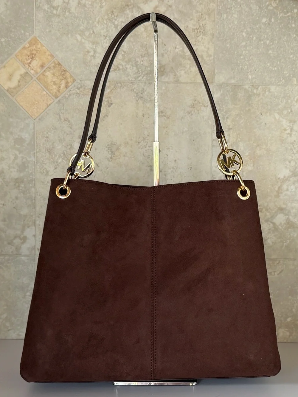 Michael Kors Christina LG MK Logo Chain Shoulder Tote Bag Dark Brown